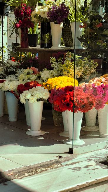 A display of various fresh flower bouquets and arrangements inside a floral shop, featuring vases and pots filled with vibrant blooms including white lilies, yellow chrysanthemums, red gerbera daisies