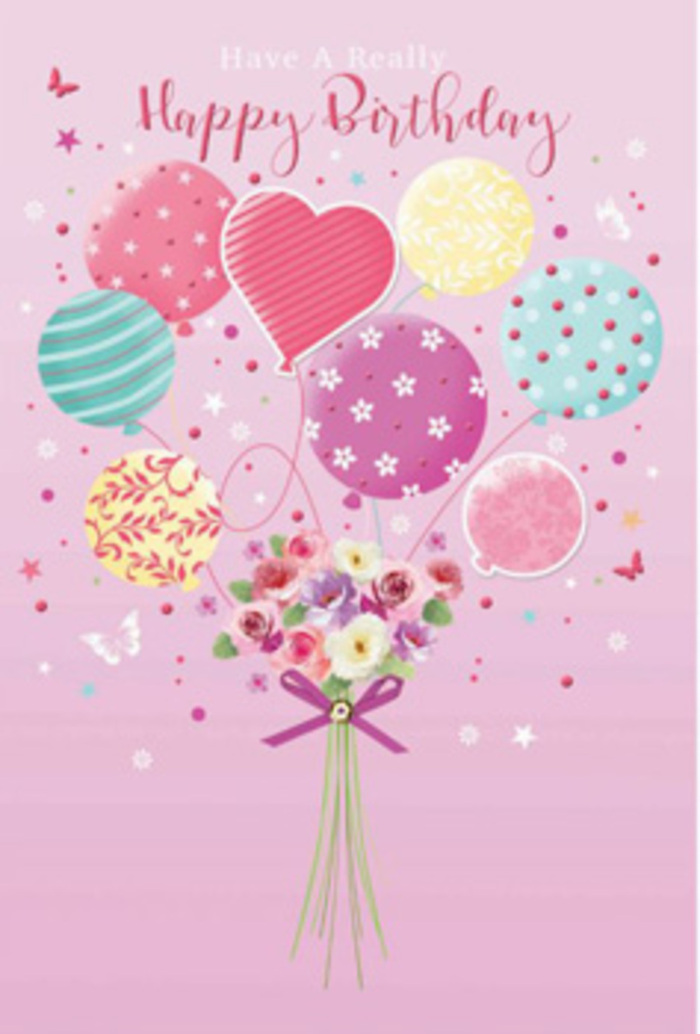 There is a quiet sense of jubilation in this birthday scene, as if a celebration were just beginning in a cosy Bounds Green living room. The illustration is set against a tender blush pink background, gently glowing like the sky above the neighbourhood after a light summer shower. In the centre, a cluster of balloons rises gracefully, their pastel shades-pale sunshine yellow, rosy fuchsia, soft lavender, and mint green-merging into a harmonious display that feels both festive and soothing. Each balloon carries its own whimsical design: some are wrapped in spiralling stripes, others dotted with delightful polka patterns, and a few brushed with subtle floral and swirl motifs that suggest movement. At the base, a hand-tied bouquet anchors the composition, featuring petite roses and daisy-like blooms, their velvety petals shifting from cream to blush rose, like blossoms just opened along the gardens and terraces near Bounds Green station. The flowers are gathered tightly yet with a natural softness, and their stems are secured by a sparkling purple bow that adds a note of playful elegance. Tiny butterflies and flecks of star-like sparkle drift around the bouquet, hinting at a fairy-tale lightness, as though the whole arrangement were floating on a birthday breeze along the local streets. Gentle lighting washes over the scene, highlighting the curvature of the balloons and the delicate folds of each petal, giving the illustration depth and warmth. It feels like a lovingly crafted tribute, perfect for a birthday in Bounds Green-uplifting, affectionate, and full of the simple joy that flowers and balloons bring when they arrive at just the right moment.