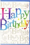 In this image, a striking birthday card stands out with its bold central message and shimmering details, much like a colourful shop window along Bounds Green Road. The phrase Happy Birthday is written across the middle in large, rounded letters that exude friendliness and joy. Each letter transitions gradually from one vivid colour to the next-a sweep of burgundy red drifts into hot pink, slides into clear sky blue, deepens to turquoise and green, then warms into bright yellow and apricot. The gradients are smooth and polished, lending the text a soft depth, while a slight shading effect makes the letters feel almost cushioned, as though they were cut from thick, glossy card or formed from polished icing. Dotted across the front are tiny stars, speckles, and confetti-like marks in a mix of complementary shades, creating a sense of movement and festive sparkle. Behind this colourful display lies an intricate background of repeating Happy Birthday to you phrases, all rendered in fine, looping gold script. The calligraphy runs in tidy, horizontal lines, with elegant swirls and flourishes catching the light like the gentle glint of evening sun on nearby windows and railings. The metallic gold ink gives a subtle yet luxurious sheen to the card, inviting closer inspection without detracting from the central rainbow lettering. Together, the bright colours and refined golden backdrop create an impression of joyous celebration balanced with thoughtful design. The card looks smooth and lightly glossy, the kind you'd be pleased to select from a Bounds Green florist to accompany a hand-tied bouquet, ready to brighten someone's birthday with both colour and heartfelt sentiment.