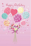 This whimsical birthday artwork could easily be imagined as a card or gift tag accompanying a fresh delivery from Flowers Bounds Green, all rendered on a soft pink canvas that radiates warmth. At the centre, a playful arrangement of pastel balloons lifts upwards, giving the impression that a charming bouquet has just taken flight from a local florist's counter near Green Lanes. The balloons shimmer in delicate hues of blush pink, seafoam green, lemon yellow, and lavender, each decorated with its own personality: some dance with candy-coloured stripes, others are scattered with light-hearted polka dots, and one heart-shaped balloon at the centre seems to glow with affection. Nestled below, the floral bouquet brims with roses and anemone-like blossoms in shades of creamy ivory, gentle blush, and soft mauve, their feathery petals layered to create a plush, almost cloud-like texture. The stems are carefully gathered and finished with a violet satin bow, its smooth, glossy sheen catching light that falls softly across the scene. Tiny stars and fluttering butterflies are sprinkled throughout the background, evoking the feeling of strolling through nearby parks on a bright birthday afternoon, when everything seems just a touch more magical. Subtle shadows and highlights bring dimensionality to the balloons and petals, making them appear almost touchable. The overall mood is airy, sweet, and joyfully festive-a visual expression of a birthday greeting meant to make someone in Bounds Green feel cherished, with the gentle promise of fresh flowers and pastel balloons marking their special day.